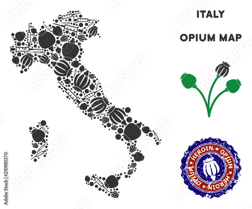 Opium addiction Italy map mosaic of poppy heads and syringes. Concept for narcotic addiction campaign against heroin dependence. Vector Italy map is shaped of opium poppyheads and injection needles.