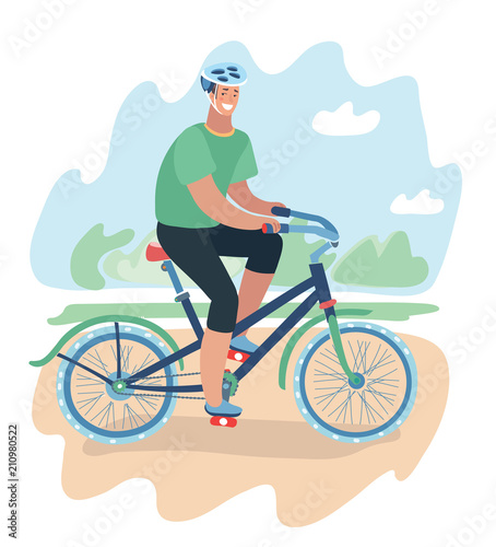 Smiling cartoon man riding on a bike 