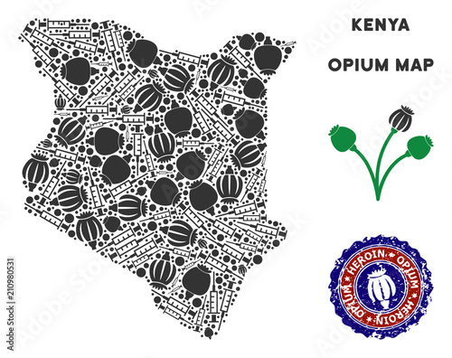 Opium addiction Kenya map composition of poppy heads and syringes. Template for narcotic addiction campaign against heroin dependence.