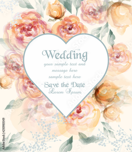 Beautiful heart shape wedding card with watercolor flowers Vector illustration