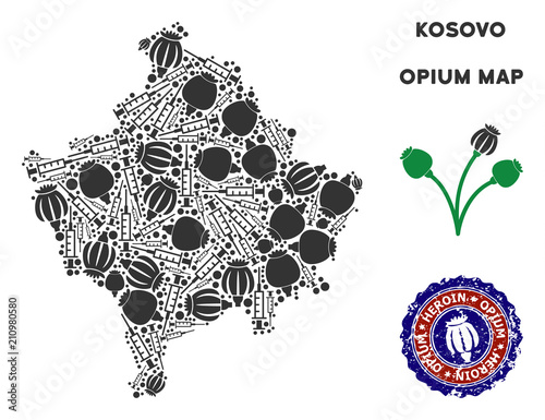Opium addiction Kosovo map mosaic of poppy heads and syringes. Template for narcotic addiction campaign against heroin dependence.