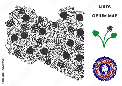 Opium addiction Libya map mosaic of poppy heads and syringes. Concept for narcotic addiction campaign against heroin dependence. Vector Libya map is created of opium poppyheads and injection needles.