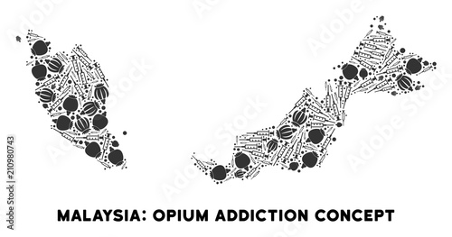 Opium addiction Malaysia map collage of poppy heads and syringes. Template for narcotic addiction campaign against heroin dependence.