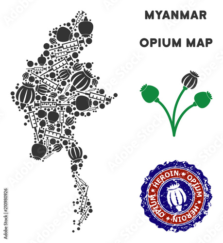 Opium addiction Myanmar map mosaic of poppy heads and syringes. Template for narcotic addiction campaign against heroin dependence.