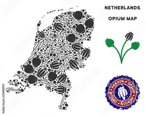 Opium addiction Netherlands map mosaic of poppy heads and syringes. Concept for narcotic addiction campaign against heroin dependence.