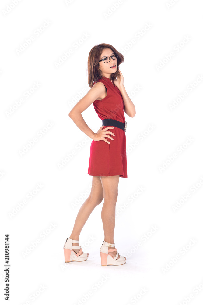 beautiful asian girl in red dress in a studio shot on white background (with selective focus) beautiful asian girl in red dress in a studio shot on white background (with selective focus)