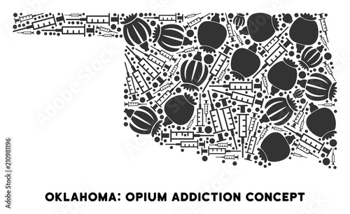 Opium addiction Oklahoma State map collage of poppy heads and syringes. Template for narcotic addiction campaign against heroin dependence.