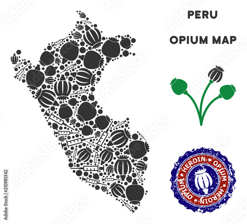 Opium addiction Peru map composition of poppy heads and syringes. Concept for narcotic addiction campaign against heroin dependence.