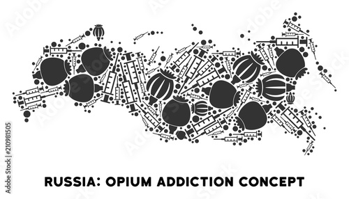 Opium addiction Russia map composition of poppy heads and syringes. Concept for narcotic addiction campaign against heroin dependence.