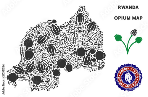 Opium addiction Rwanda map mosaic of poppy heads and syringes. Template for narcotic addiction campaign against heroin dependence.