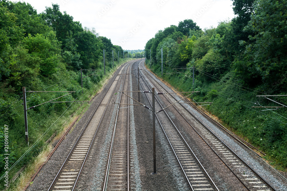 Train tracks, long straight rail tracks with no train Train tracks, long straight rail tracks with no train