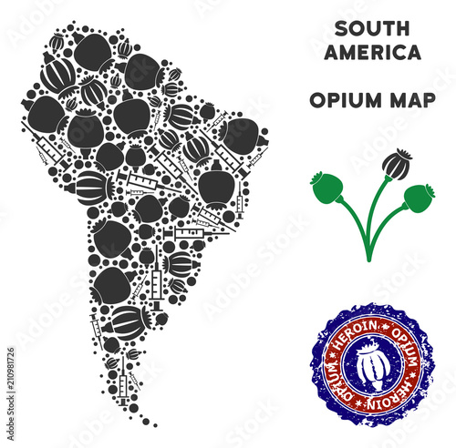Opium addiction South America map mosaic of poppy heads and syringes. Concept for narcotic addiction campaign against heroin dependence.
