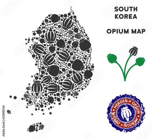 Opium addiction South Korea map collage of poppy heads and syringes. Template for narcotic addiction campaign against heroin dependence.