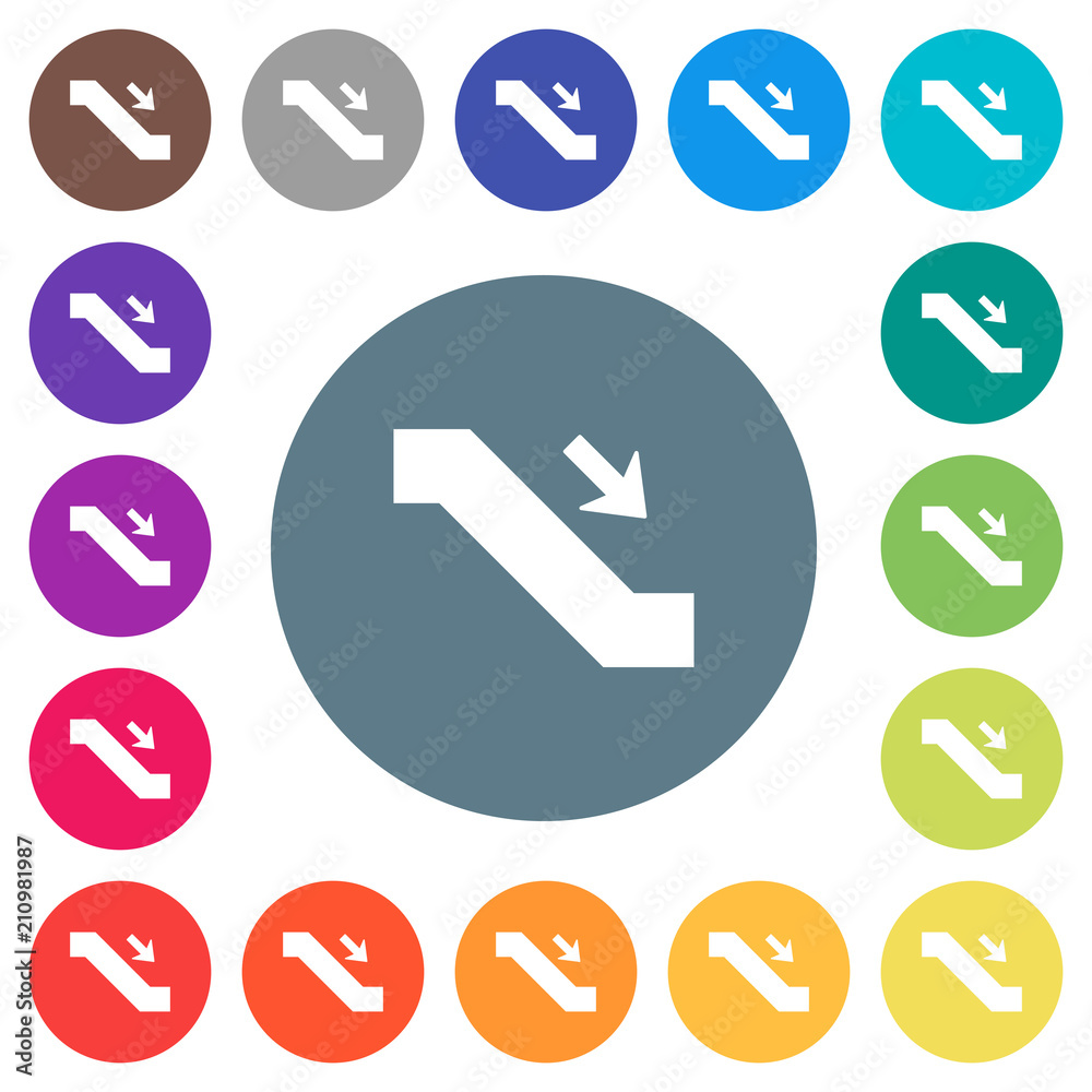 Escalator down sign flat white icons on round color backgrounds Escalator down sign flat white icons on round color backgrounds