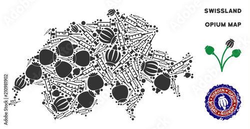 Opium addiction Swissland map composition of poppy heads and syringes. Template for narcotic addiction campaign against heroin dependence.