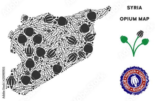 Opium addiction Syria map mosaic of poppy heads and syringes. Concept for narcotic addiction campaign against heroin dependence.