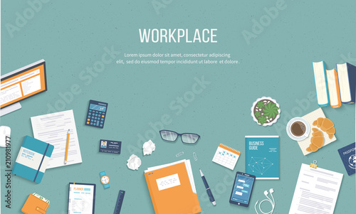 Workplace background. Top view of a table with monitor, books, documents, folder, notepad, calculator, calendar, passport, business card, coffee, headphones. Vector illustration 