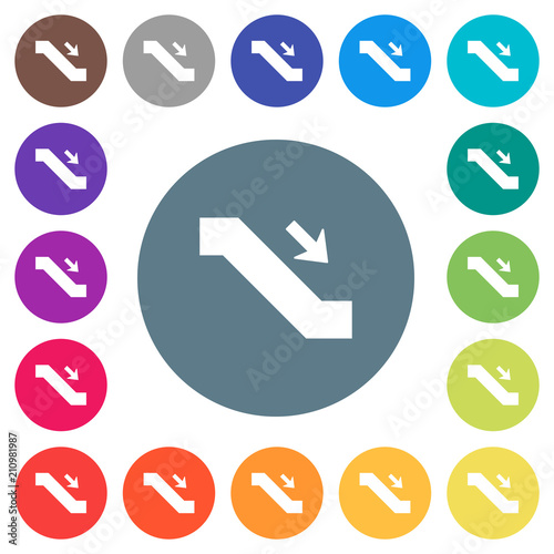 Escalator down sign flat white icons on round color backgrounds