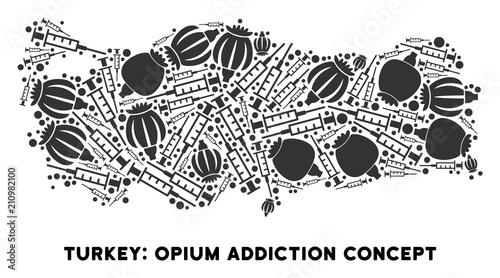Opium addiction Turkey map composition of poppy heads and syringes. Concept for narcotic addiction campaign against heroin dependence.