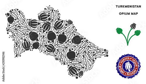 Opium addiction Turkmenistan map mosaic of poppy heads and syringes. Template for narcotic addiction campaign against heroin dependence.