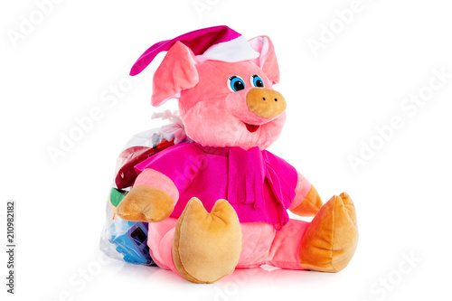 Pink soft toy pig bag isolated at white background.