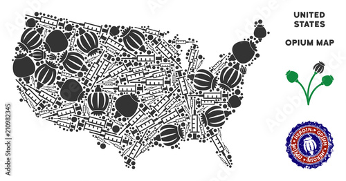 Opium addiction USA map composition of poppy heads and syringes. Template for narcotic addiction campaign against heroin dependence. Vector USA map is formed of opium poppyheads and injection needles.