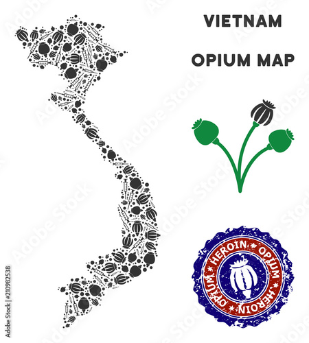 Opium addiction Vietnam map collage of poppy heads and syringes. Template for narcotic addiction campaign against heroin dependence.