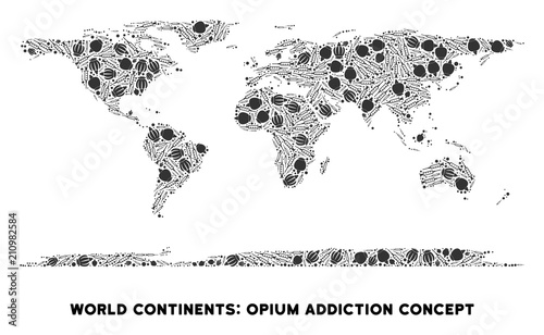 Opium addiction world continent map mosaic of poppy heads and syringes. Concept for narcotic addiction campaign against heroin dependence.