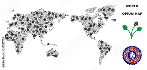 Opium addiction world map collage of poppy heads and syringes. Concept for narcotic addiction campaign against heroin dependence. Vector world map is made of opium poppyheads and injection needles.