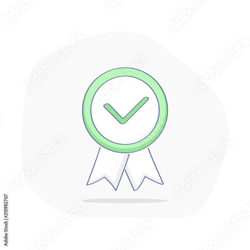 Finish, completed, fixed, certified, success, check mark, achievement. Green approved sticker isolated on white background. Done stamp vector. Flat outline vector illustration, badge. Check icon