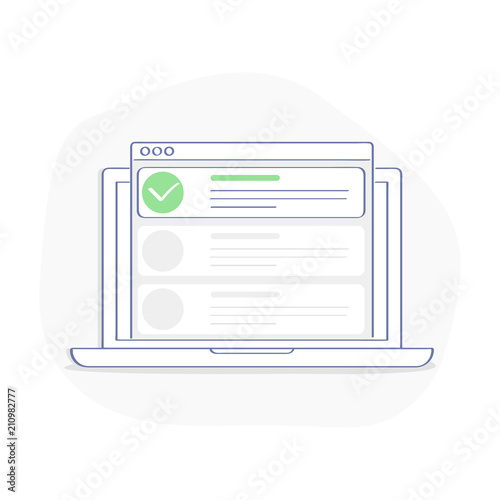 Checklist on laptop display, checkboxes with check mark. List of purchases, tasks, to do, CRM, wish list on the website concept