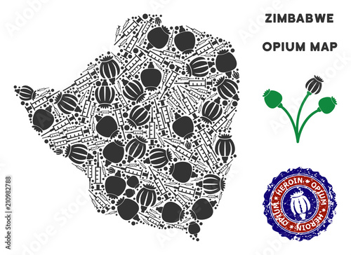 Opium addiction Zimbabwe map mosaic of poppy heads and syringes. Concept for narcotic addiction campaign against heroin dependence.