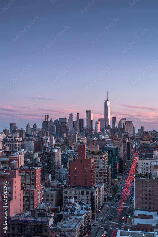Aerial view of downtown Manhattan during sunset
