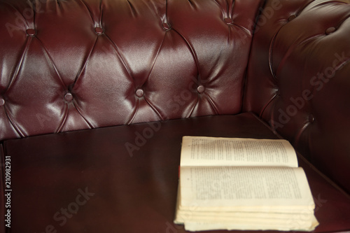 Background is an open old book on a claret-colored leather sofa