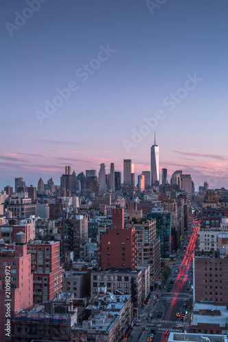 Aerial view of downtown Manhattan during sunset
