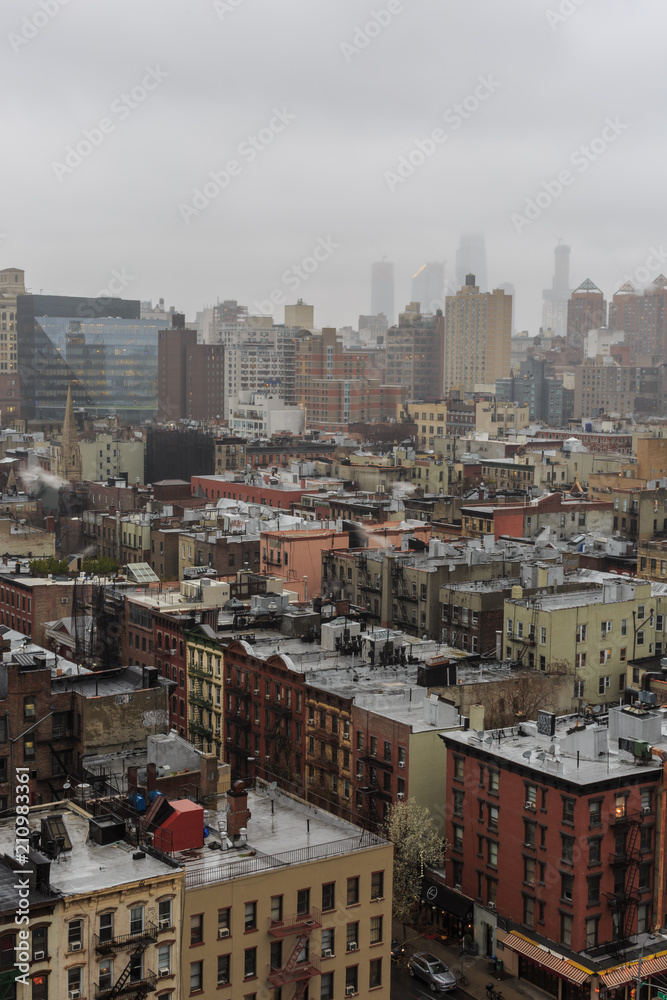Fototapeta premium Aerial view on east village manhattan on a foggy day
