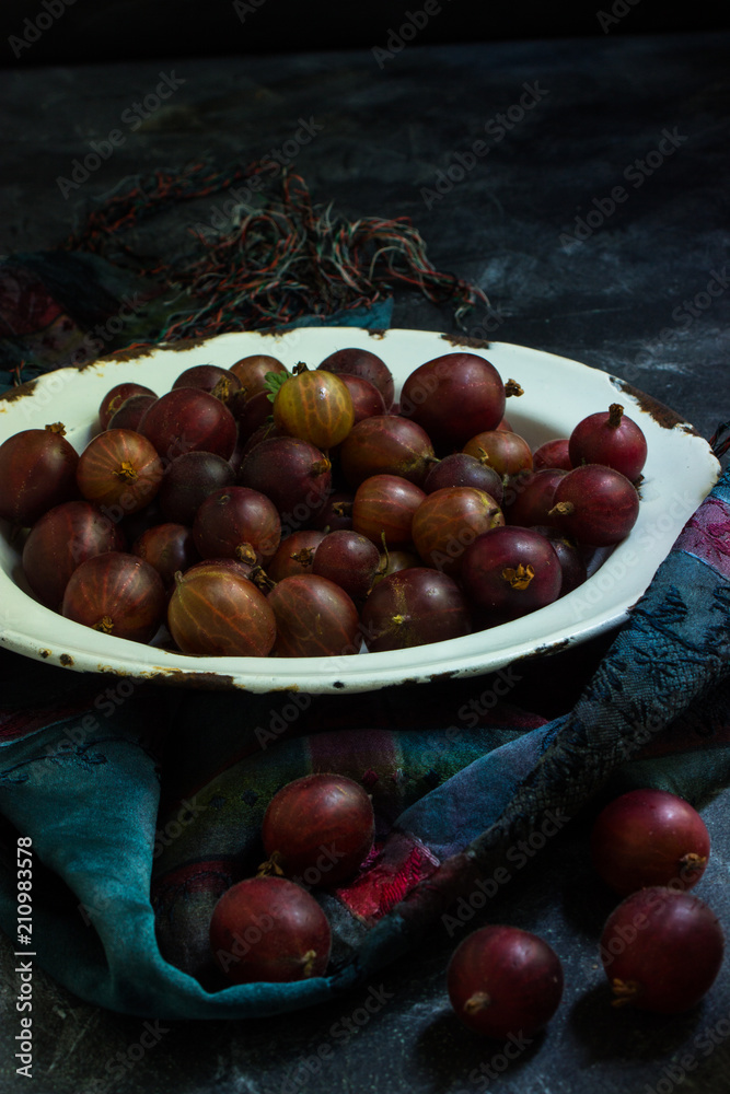 rote Stachelbeeren in nostalgischer Emailleschale als Stilleben rote Stachelbeeren in nostalgischer Emailleschale als Stilleben