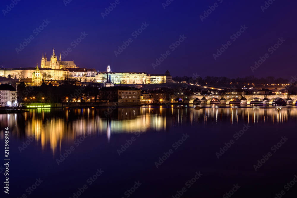 Prague Castle and Charles Bridge at night