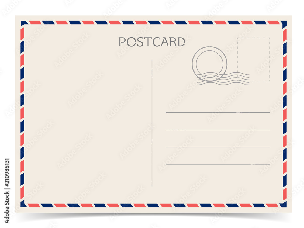 Postal card, travel postcard isolated on white background with shadow. Vector vintage