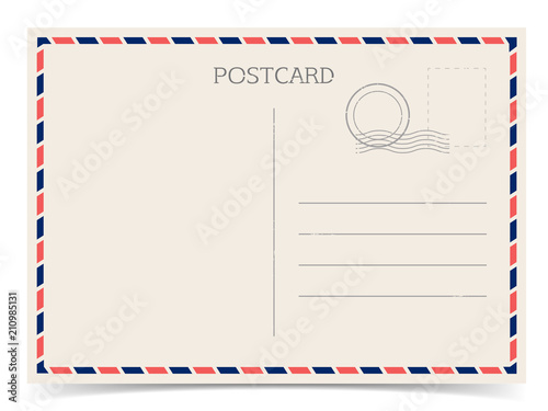 Postal card, travel postcard isolated on white background with shadow. Vector vintage illustration.  Mail with stamp. Eps 10