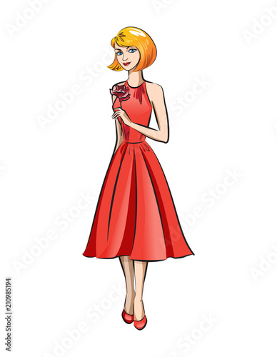 A girl in a red dress is holding a red rose in her hands, a blonde is smiling at a red flower