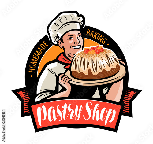 Pastry shop logo or label. Cook is holding a tray with a cake. Cartoon vector illustration