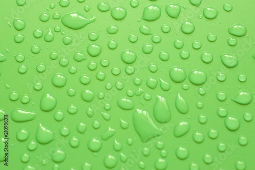 Water droplets on green background.Close up shot of dew drops on green background.
