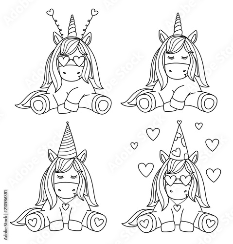 Vector funny party  unicorns, black  silhouettes, isolated on white for coloring.