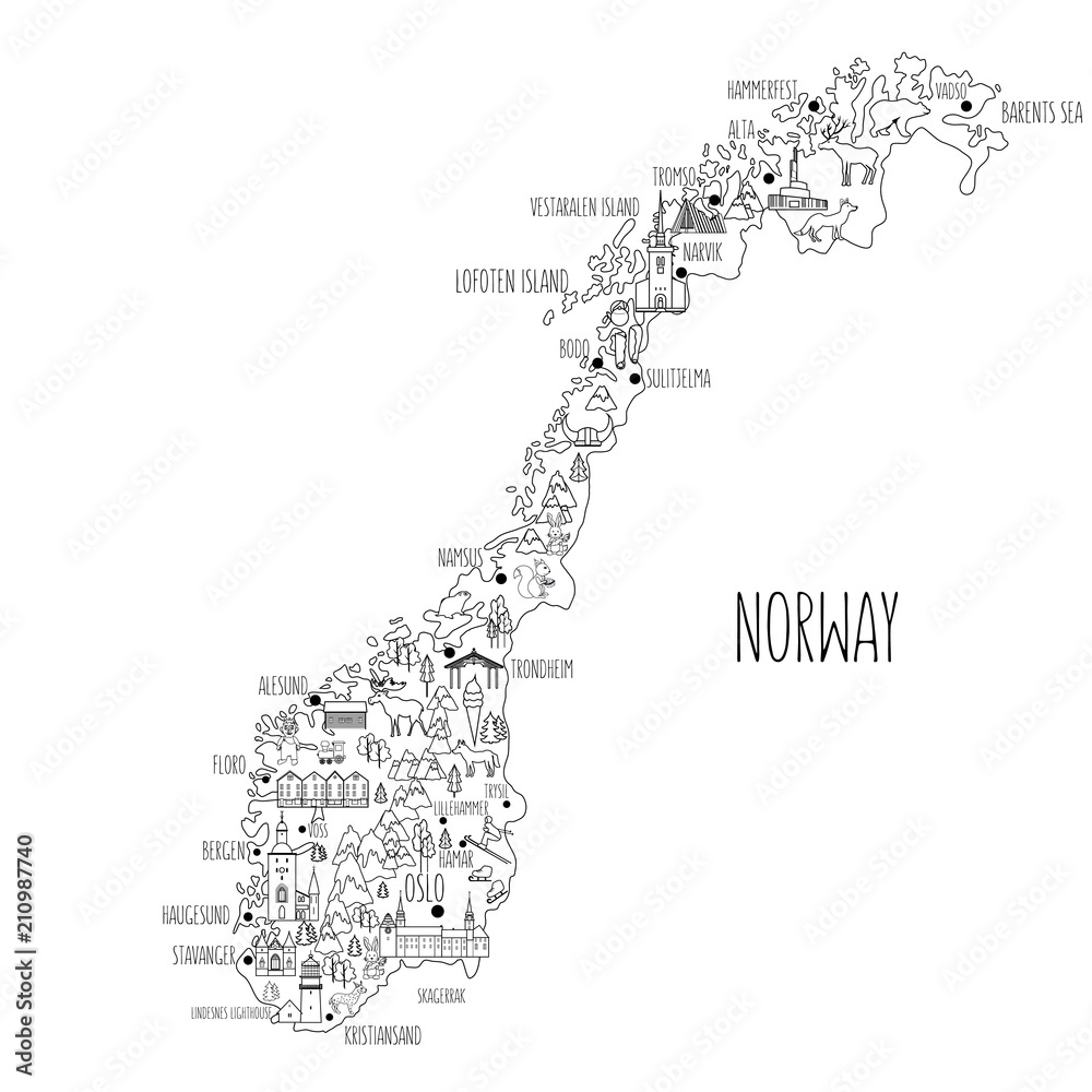 Norway travel vector map, norwegian landmark Brygge, Lindesnes ...
