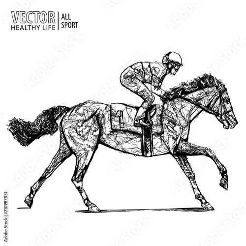 Jockey on horse. Champion. Horse racing. Hippodrome. Racetrack. Jump racetrack. Horse riding. Racing horse coming first to finish line. Vector illustration.