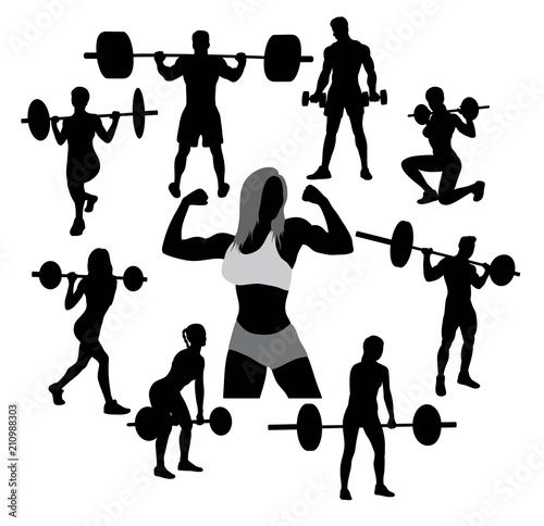 Dumbbell Exercises and Weightlifter Silhouettes, art vector design