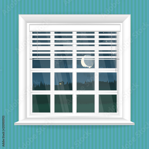 Illustration with window in realistic style and the night landscape outside the window. Vector background.