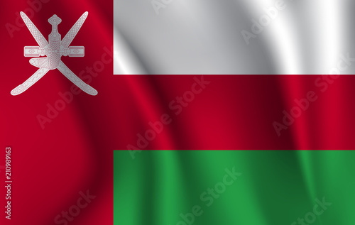 Flag of Oman. Realistic waving flag of Sultanate of Oman. Fabric textured flowing flag of Oman.