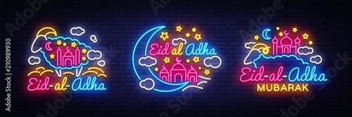 Eid-Al-Adha festive card collection design template in modern trend style. Neon style, Islamic and Arabic background for the holiday of the Muslim community. Kurban Bayrami Light banner. Vector